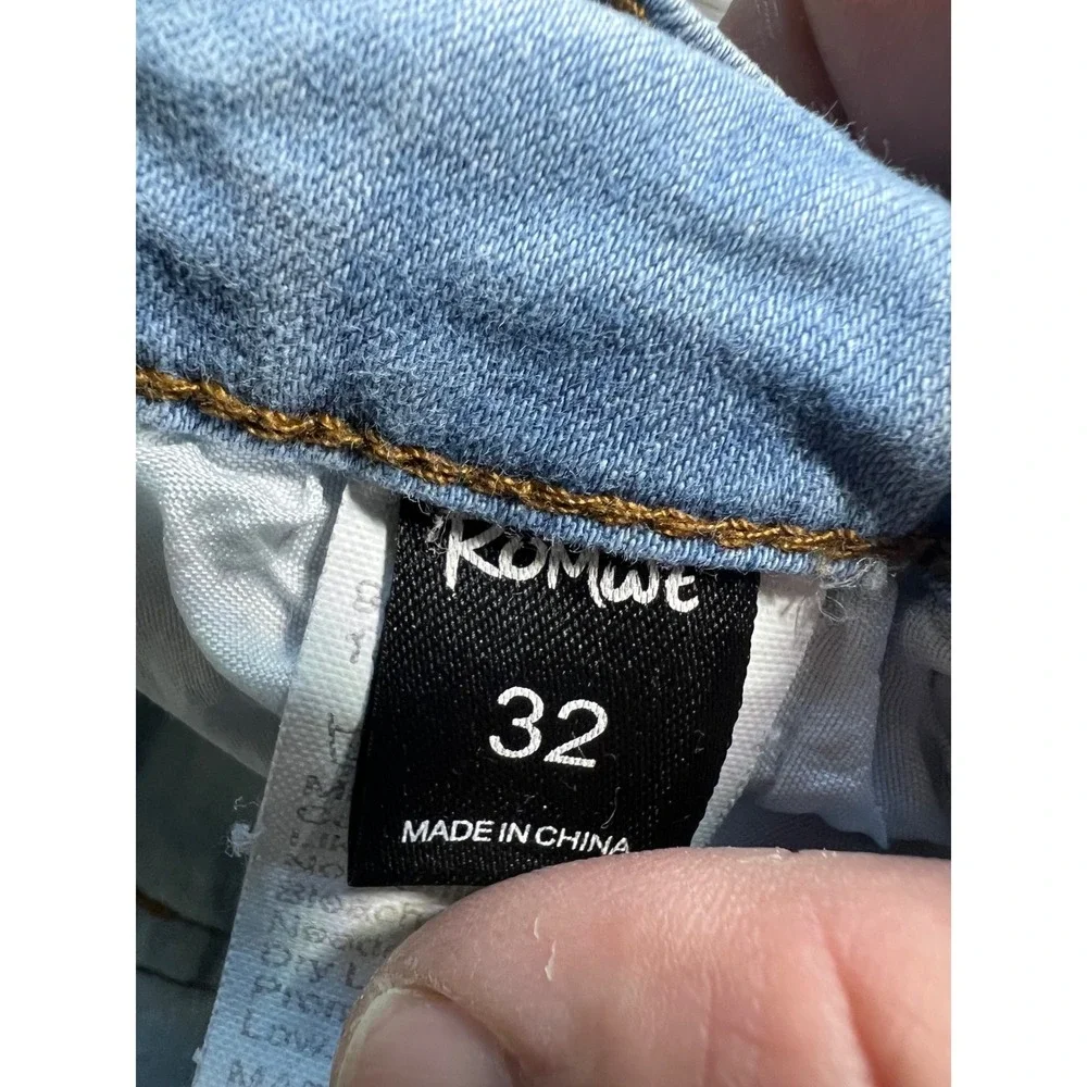 Romwe Cargo Jeans Womens 32 Light Blue Good Slim Tapered Multi Pocket Denim